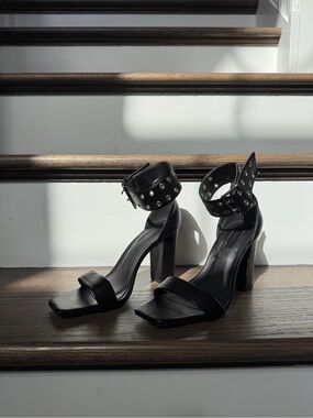 Forever 21 Black Studded Ankle-Cuff Block Heel Sandals